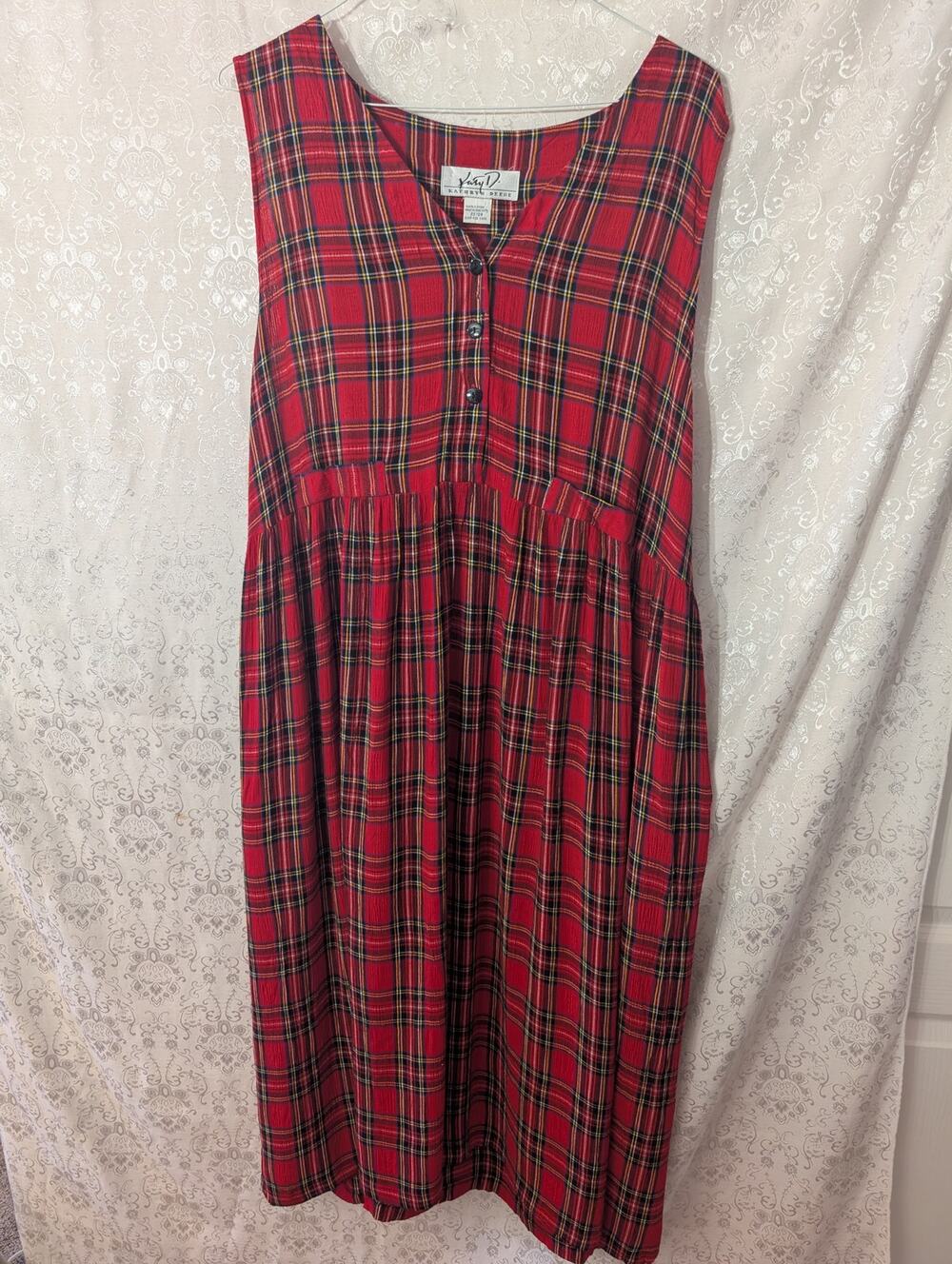 Vintage 90s Red Plaid Midi Jumper Dress Button V-Neck Tartan